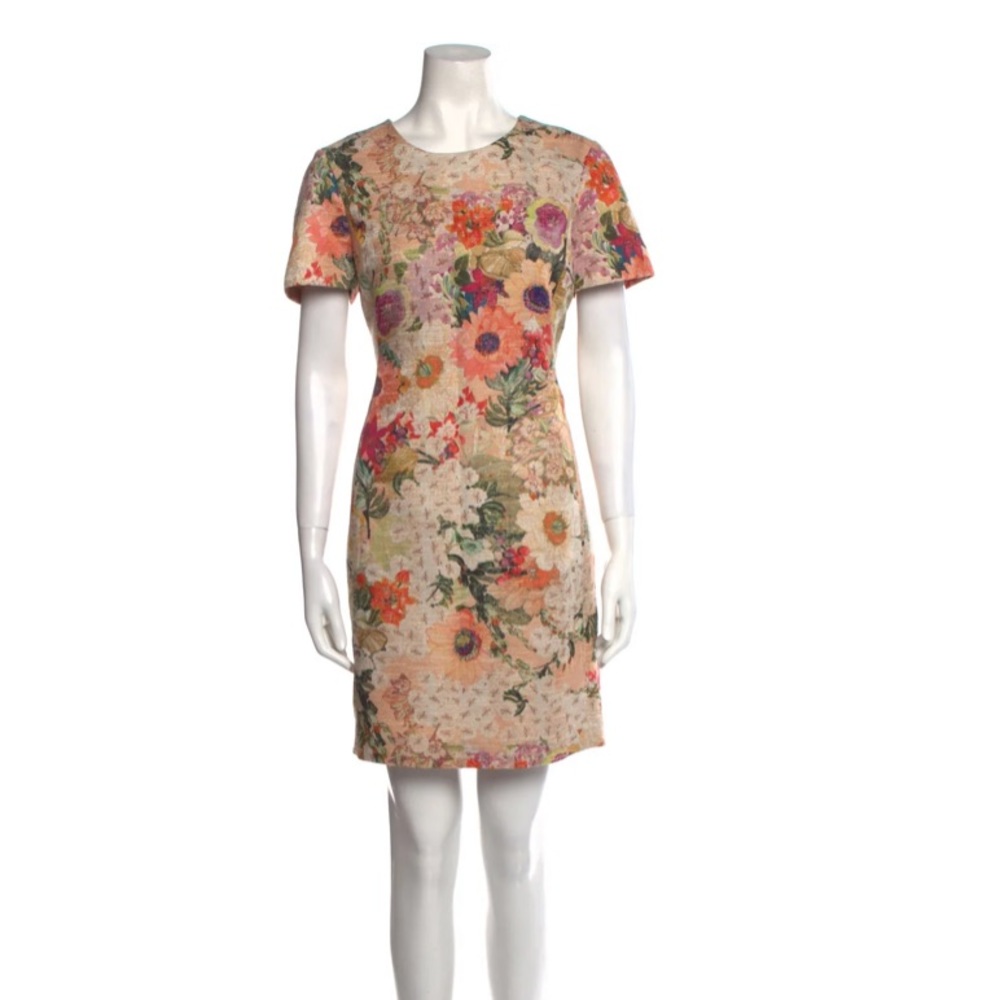 Tory Burch Beige Floral Jacquard Short Sleeve Dress